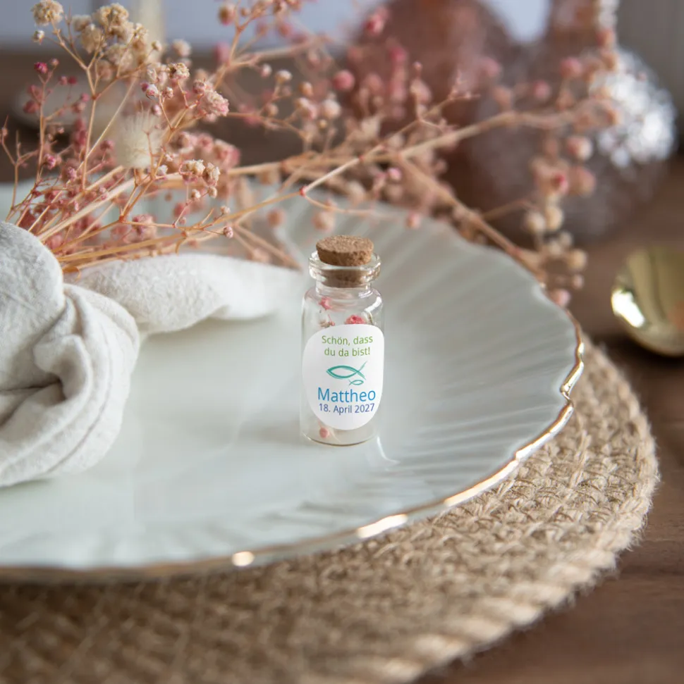 Gastgeschenk Mini Glasröhrchen mit Aufkleber Junge "Liebe Glaube Weisheit"