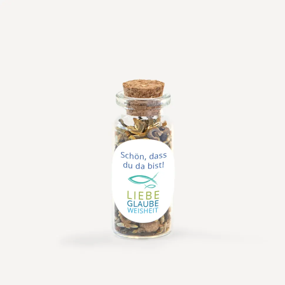 Gastgeschenk Mini Glasröhrchen mit Aufkleber Junge "Liebe Glaube Weisheit"