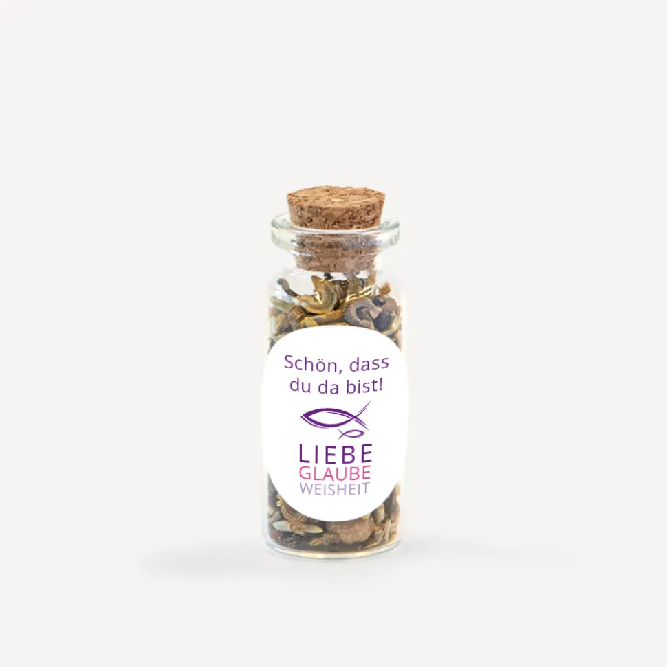 Gastgeschenk Mini Glasröhrchen mit Aufkleber Mädchen "Liebe Glaube Weisheit"