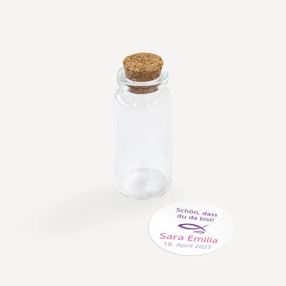 Gastgeschenk Mini Glasröhrchen mit Aufkleber Mädchen "Liebe Glaube Weisheit"