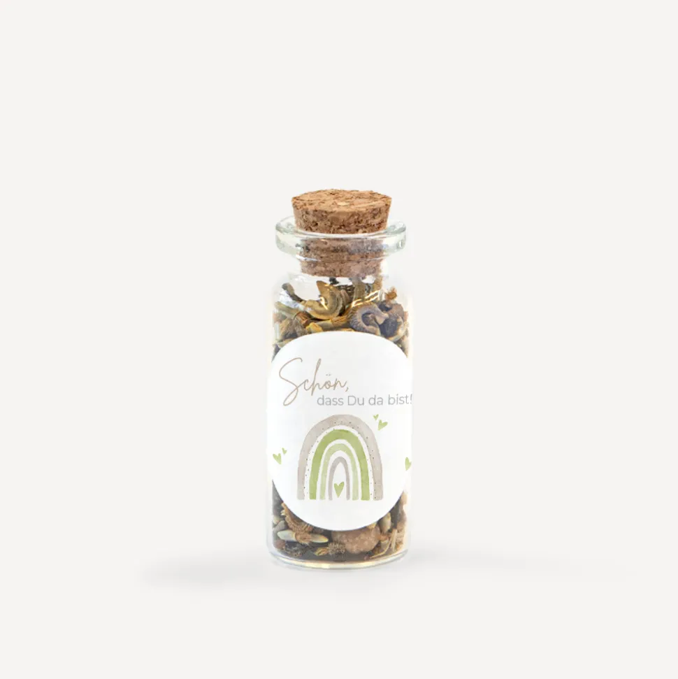 Gastgeschenk Mini Glasröhrchen mit Aufkleber "Regenbogen mit Herzen Pastell"