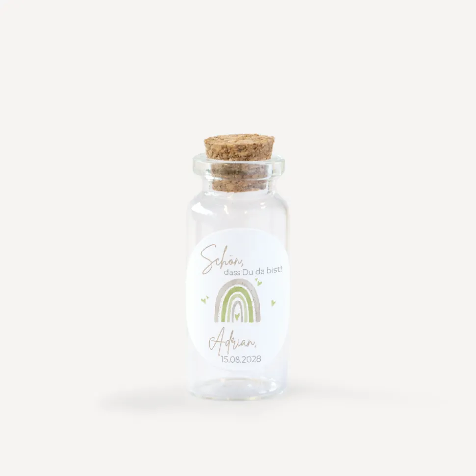 Gastgeschenk Mini Glasröhrchen mit Aufkleber "Regenbogen mit Herzen Pastell"
