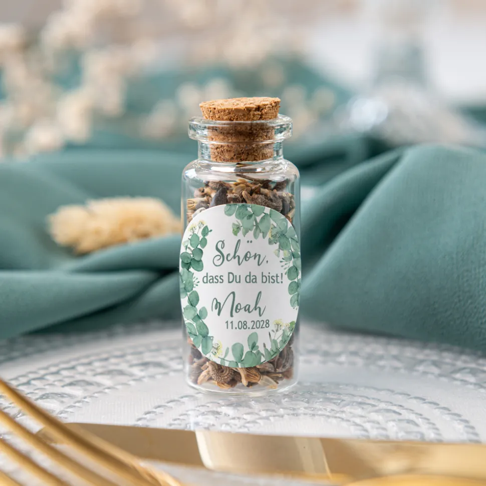 Gastgeschenk Mini Glasröhrchen mit Aufkleber "Eukalyptuskranz"