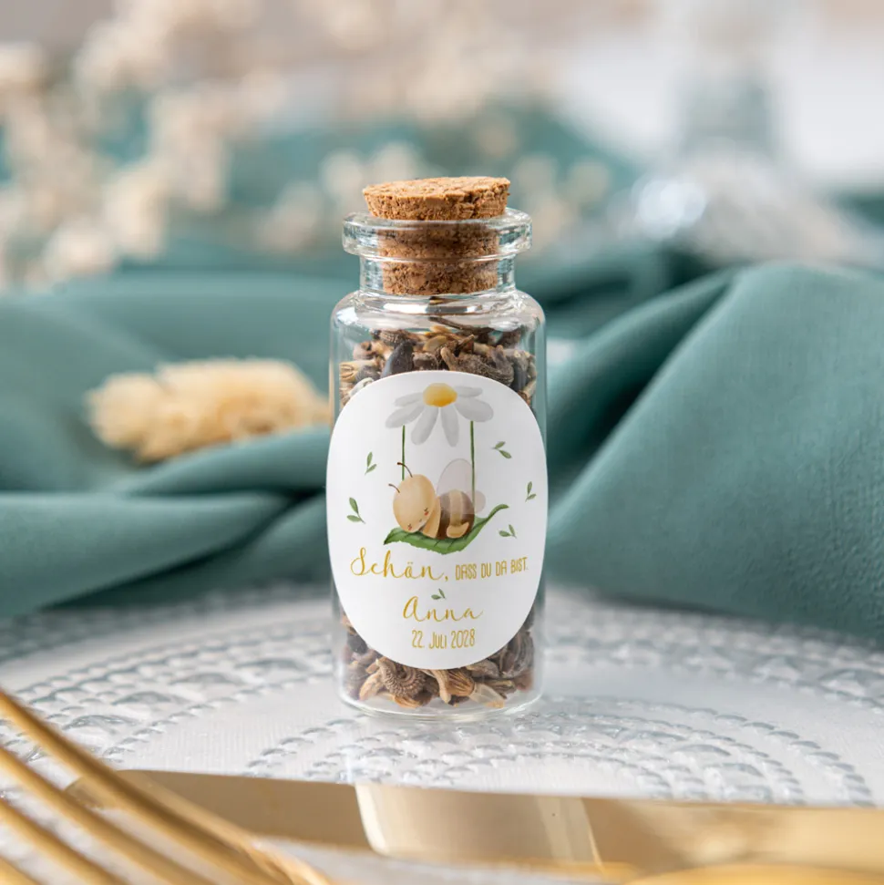 Gastgeschenk Mini Glasröhrchen mit Aufkleber "Biene im Traumland"