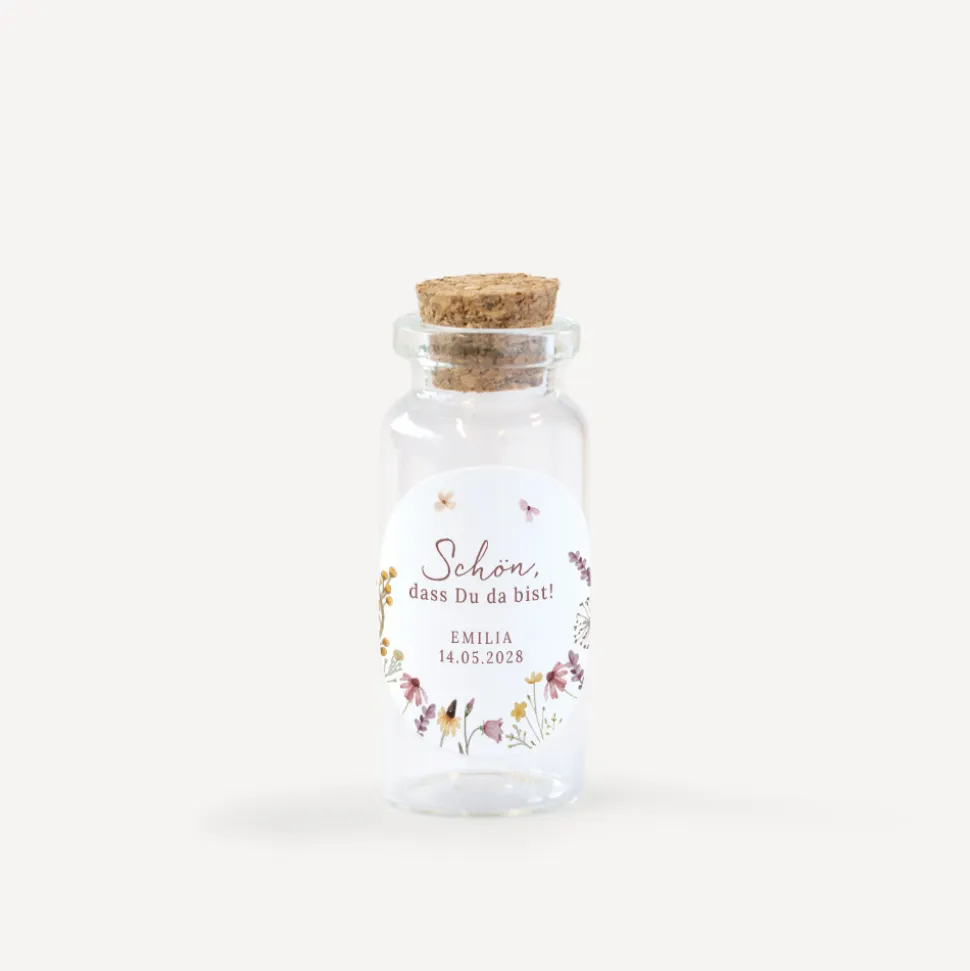 Gastgeschenk Mini Glasröhrchen mit Aufkleber "Wildromantische Blüten"