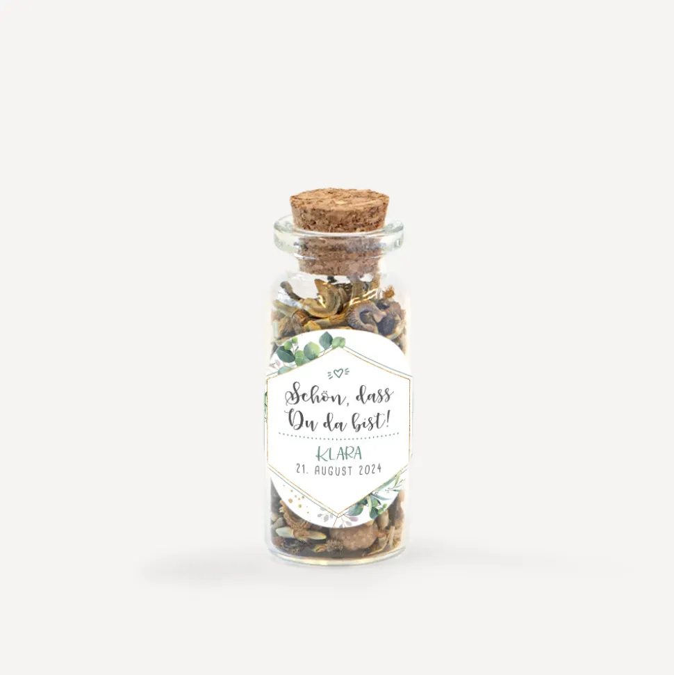 Gastgeschenk Mini Glasröhrchen mit Aufkleber "Aquarell Eukalyptus Zweige"