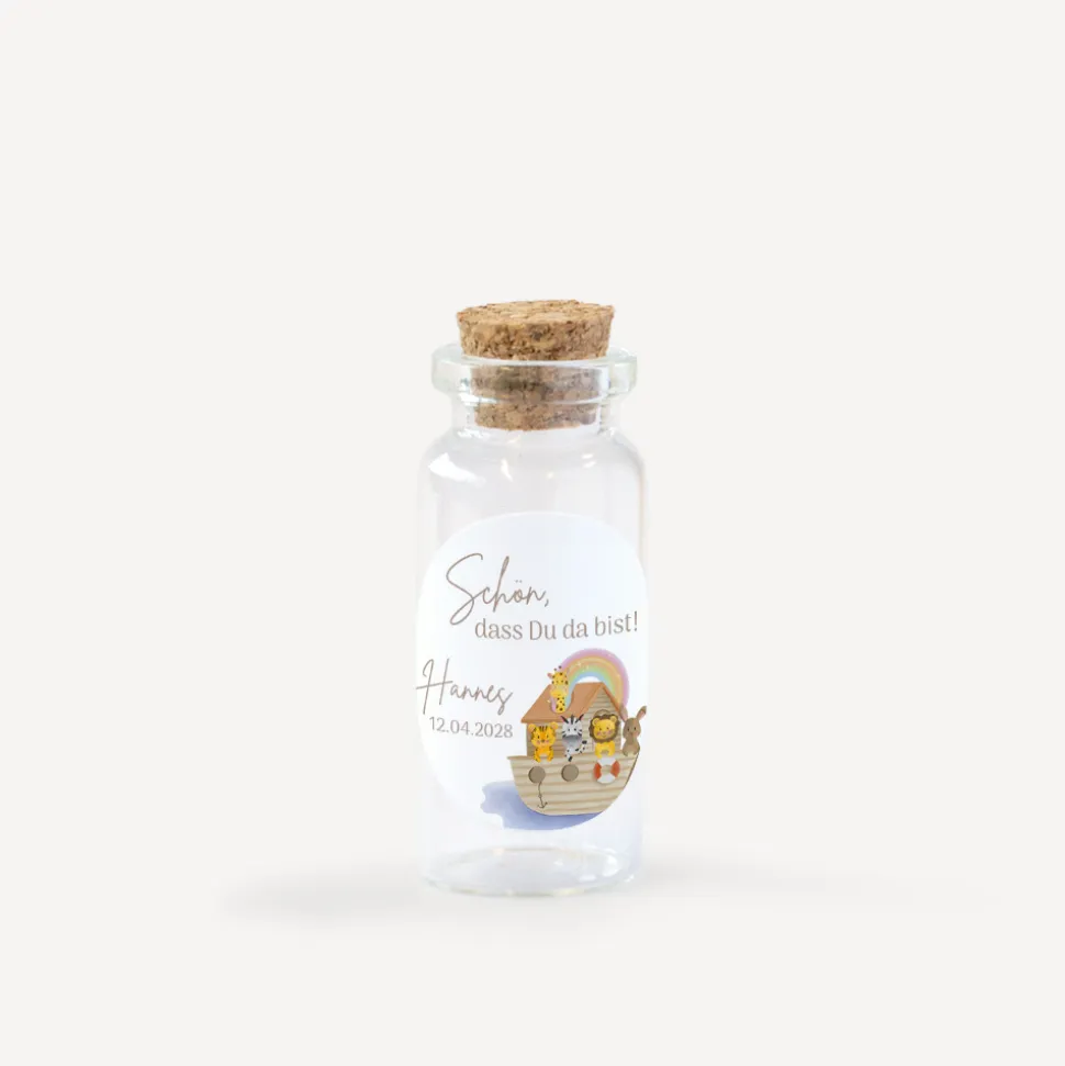 Gastgeschenk Mini Glasröhrchen mit Aufkleber "Arche Noah Regenbogen Pastell"