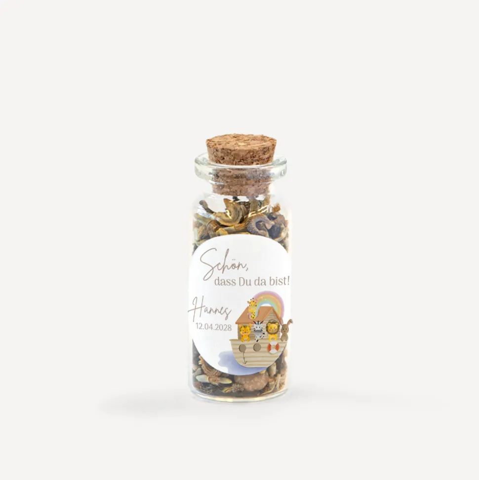 Gastgeschenk Mini Glasröhrchen mit Aufkleber "Arche Noah Regenbogen Pastell"
