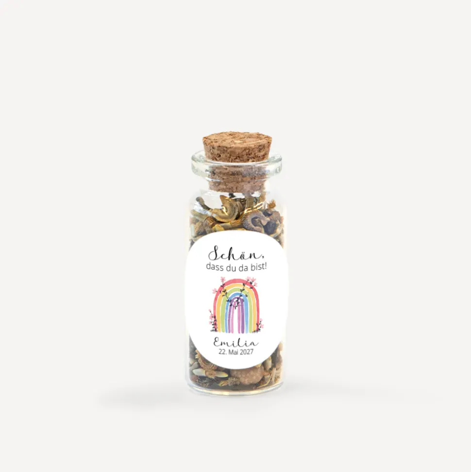 Gastgeschenk Mini Glasröhrchen mit Aufkleber "Regenbogen Vintage"