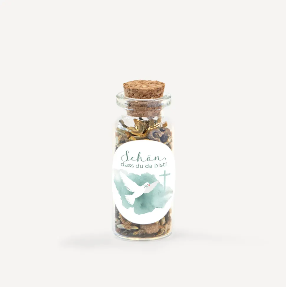 Gastgeschenk Mini Glasröhrchen mit Aufkleber "Taube"