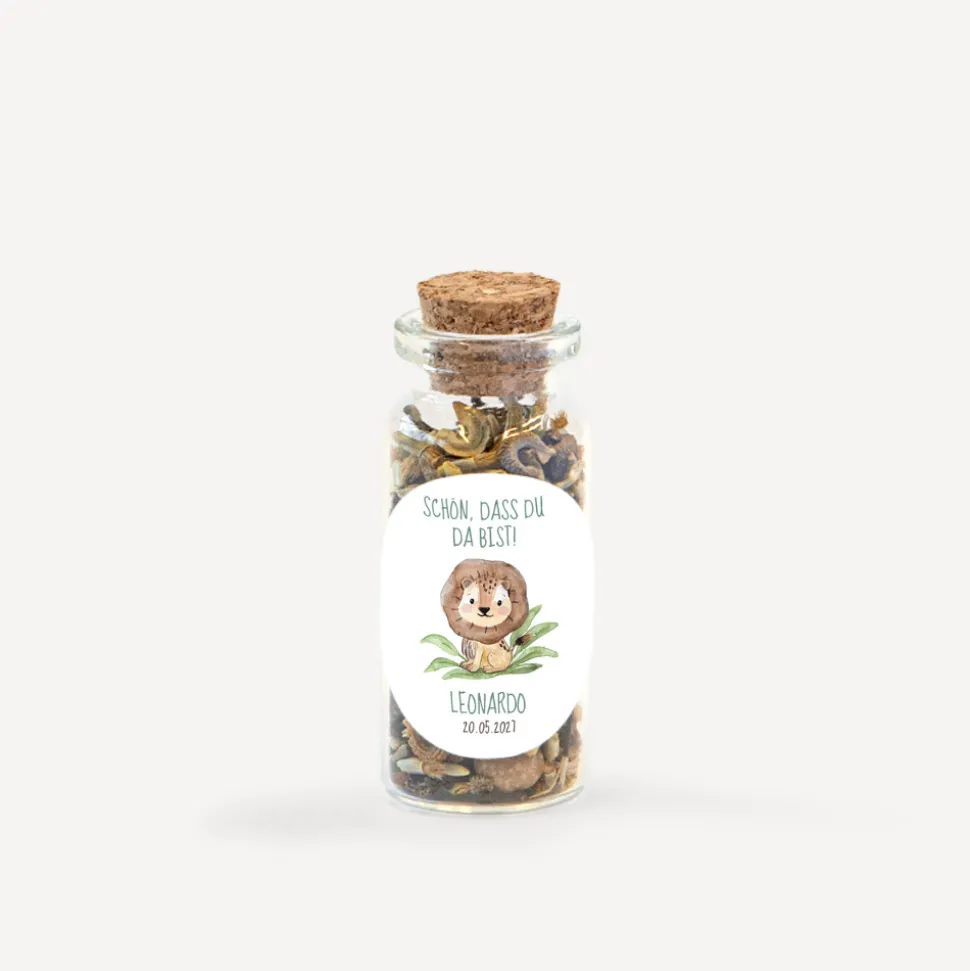 Gastgeschenk Mini Glasröhrchen mit Aufkleber "Löwe Leo"