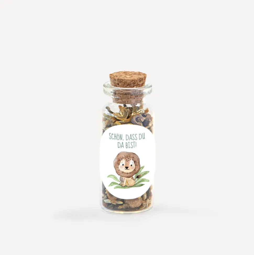 Gastgeschenk Mini Glasröhrchen mit Aufkleber "Löwe Leo"