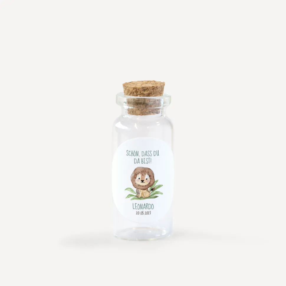 Gastgeschenk Mini Glasröhrchen mit Aufkleber "Löwe Leo"