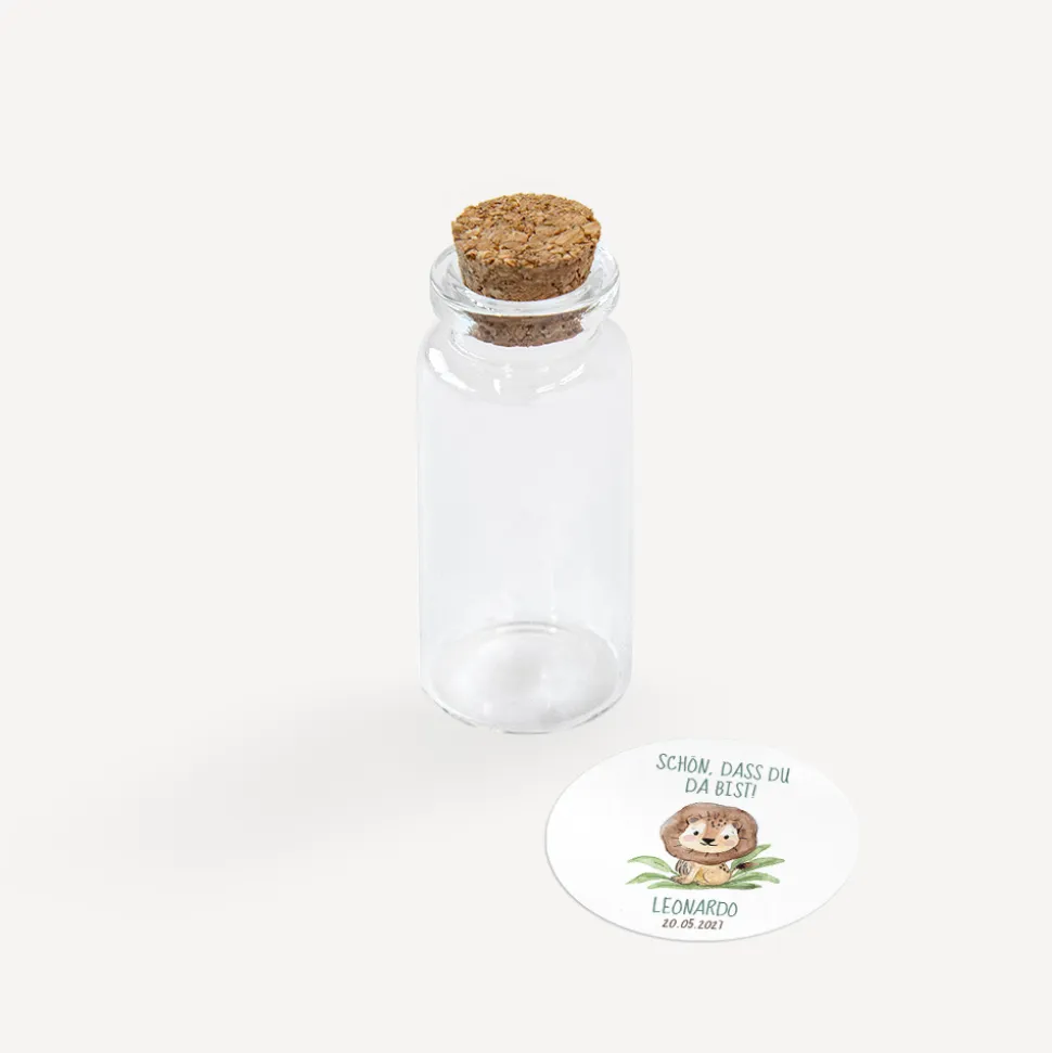 Gastgeschenk Mini Glasröhrchen mit Aufkleber "Löwe Leo"