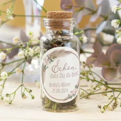 Gastgeschenk Mini Glasröhrchen mit Aufkleber 