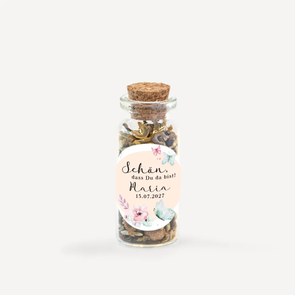 Gastgeschenk Mini Glasröhrchen mit Aufkleber "Schmetterlinge"