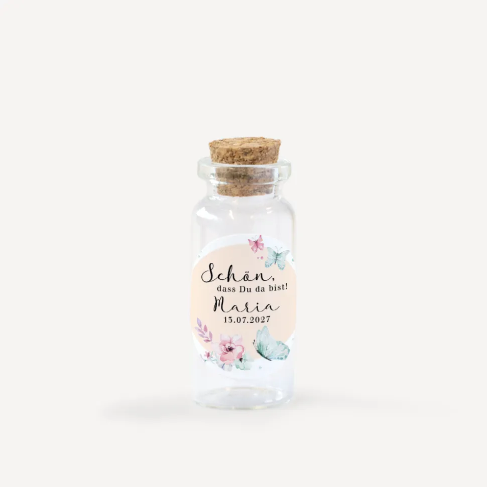 Gastgeschenk Mini Glasröhrchen mit Aufkleber "Schmetterlinge"