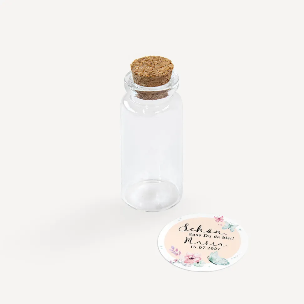 Gastgeschenk Mini Glasröhrchen mit Aufkleber "Schmetterlinge"