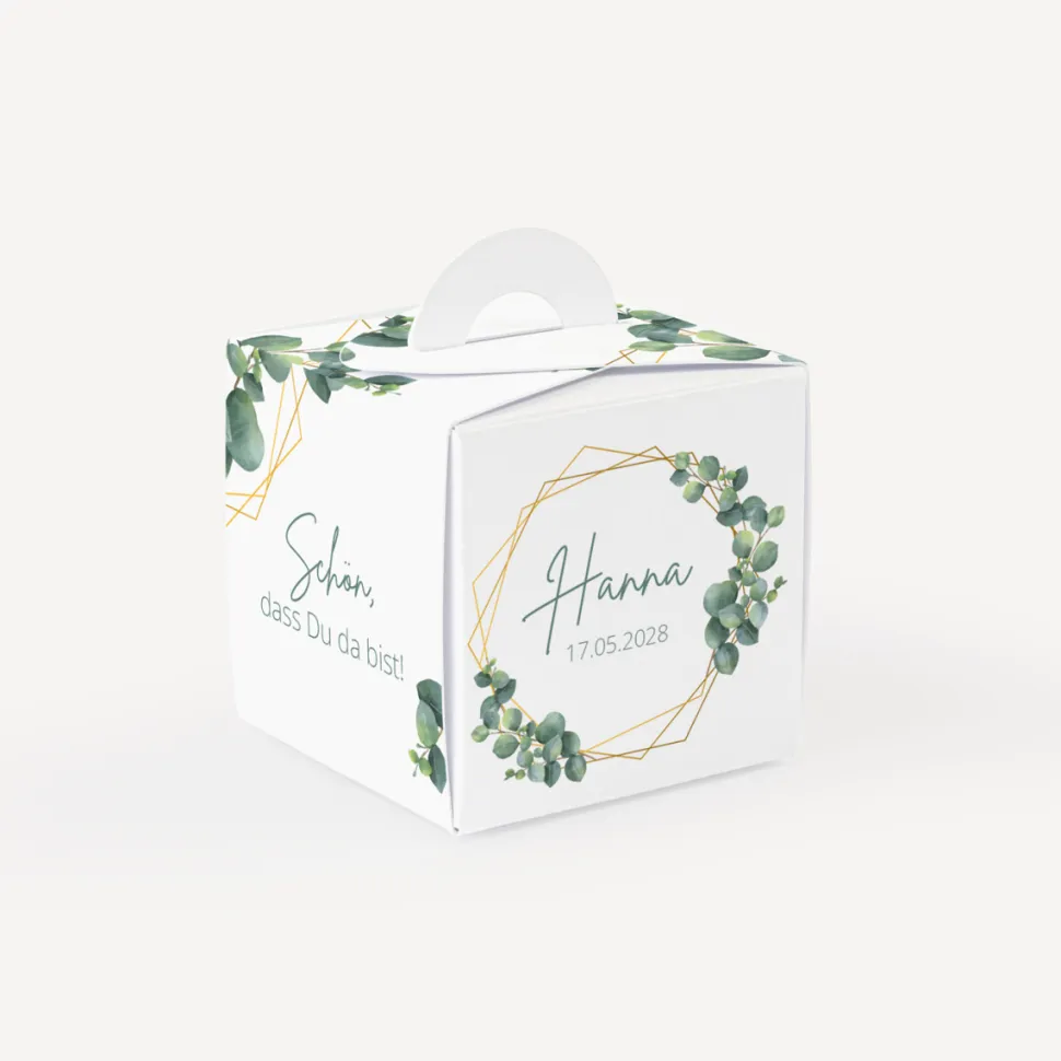 Gastgeschenk Mini Henkelbox "Eukalyptus Geometrie" optional mit Füllung