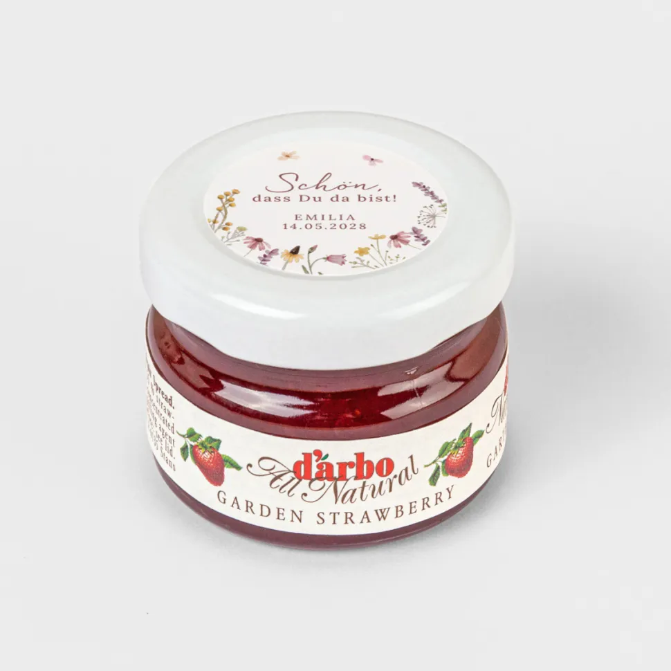 Gastgeschenk Mini Konfitüre mit Aufkleber "Wildromantische Blüten"