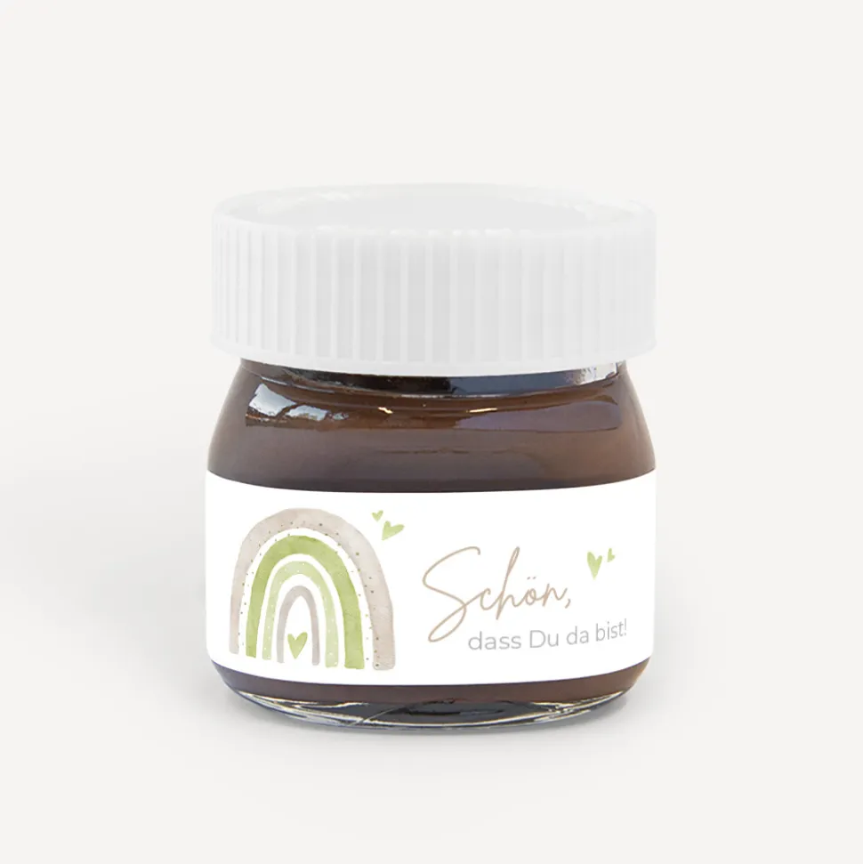 Gastgeschenk Mini Nutella Glas mit Aufkleber "Regenbogen mit Herzen Pastell"