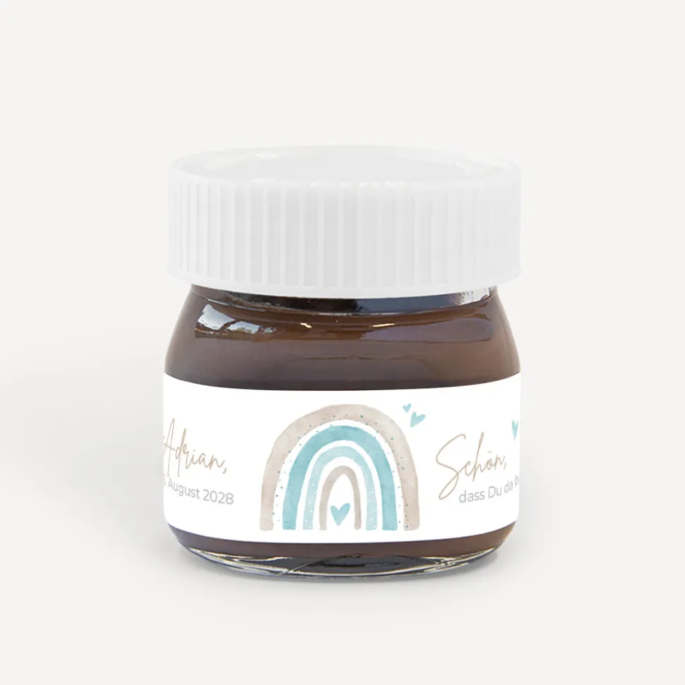 Gastgeschenk Mini Nutella Glas mit Aufkleber "Regenbogen mit Herzen Pastell"