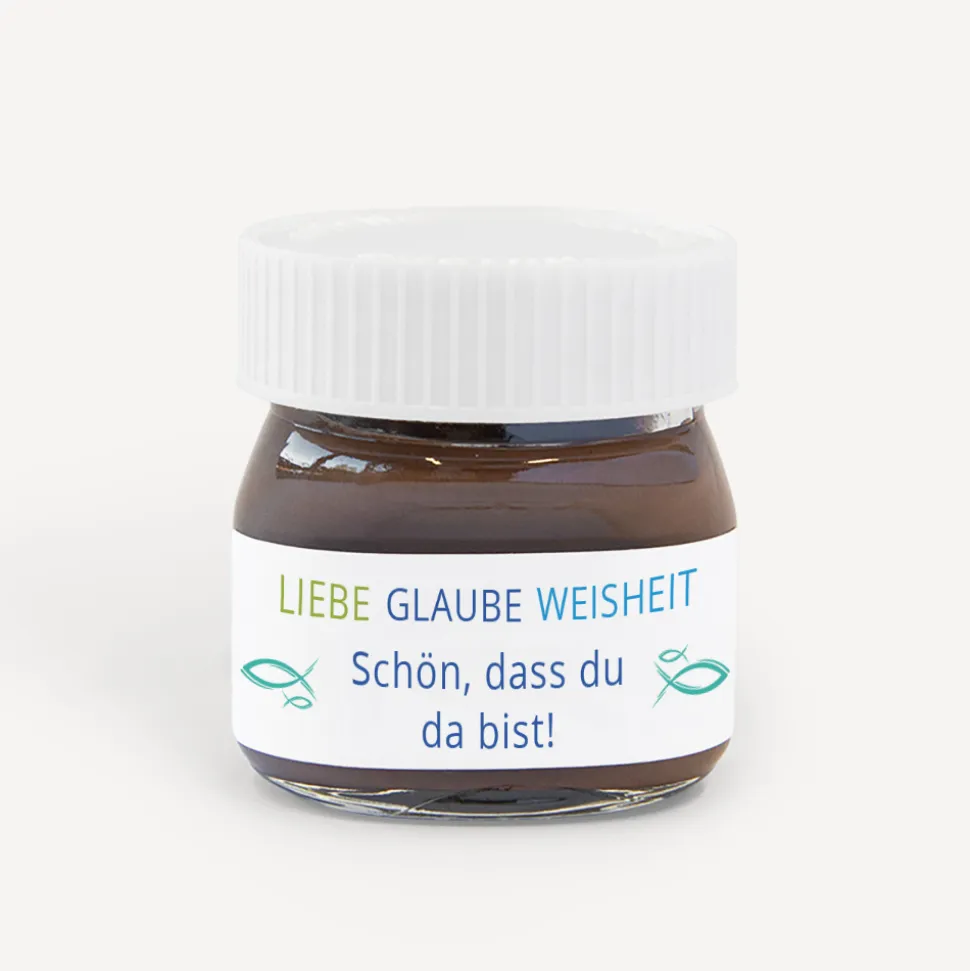 Gastgeschenk Mini Nutella Glas Junge "Liebe Glaube Weisheit"