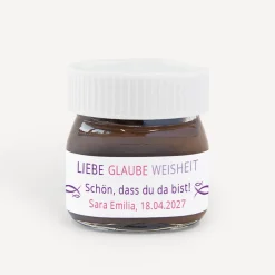 Gastgeschenk Mini Nutella Glas Mädchen "Liebe Glaube Weisheit"