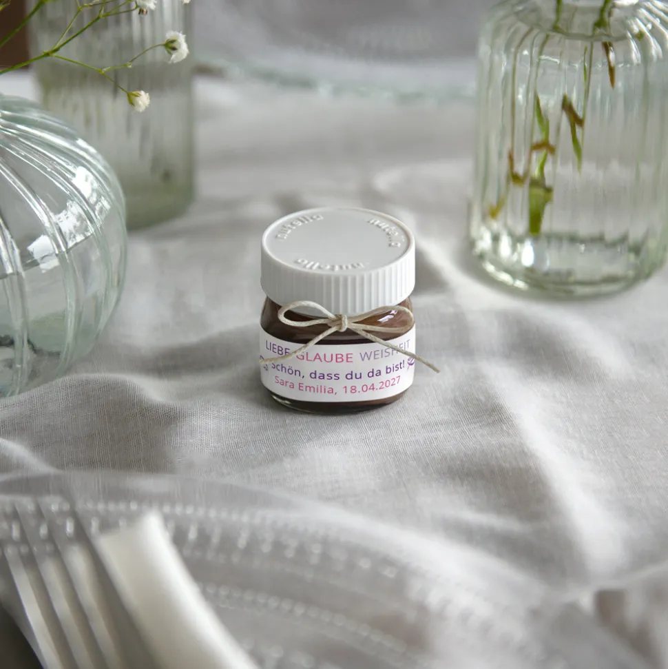 Gastgeschenk Mini Nutella Glas Mädchen "Liebe Glaube Weisheit"