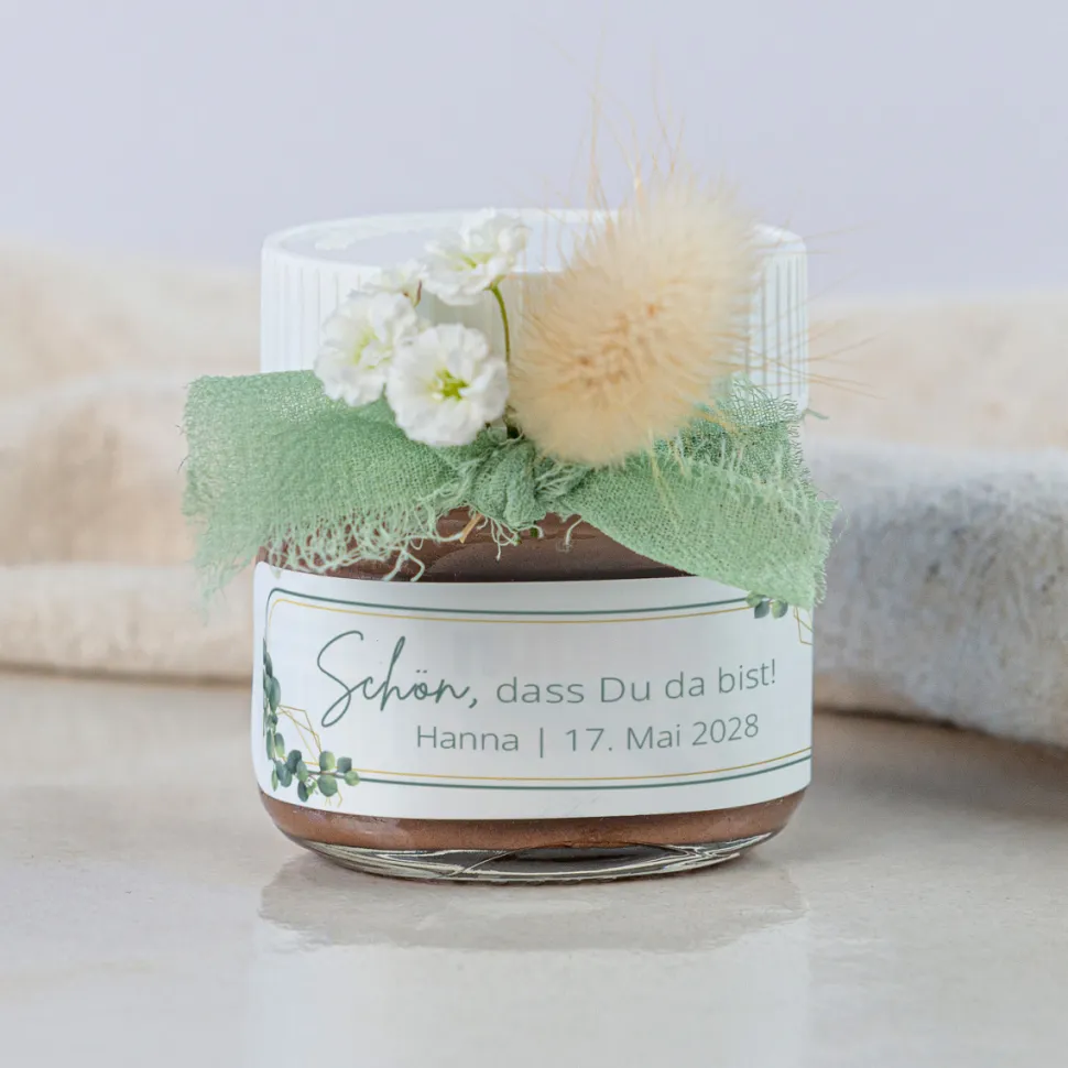 Gastgeschenk Mini Nutella Glas + Aufkleber "Eukalyptus Geometrie"