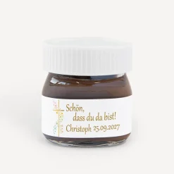 Gastgeschenk Mini Nutella Glas mit Aufkleber "Kreuz mit Symbolen"