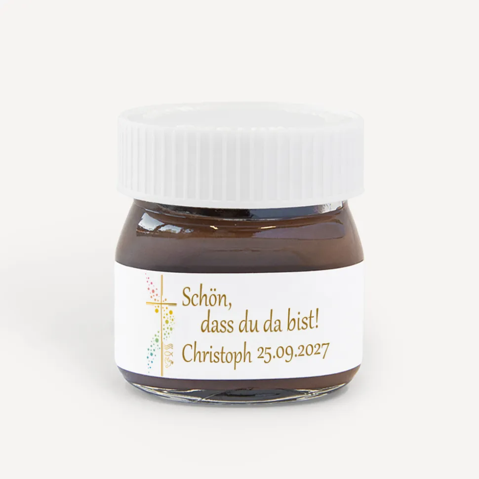 Gastgeschenk Mini Nutella Glas mit Aufkleber "Kreuz mit Symbolen"