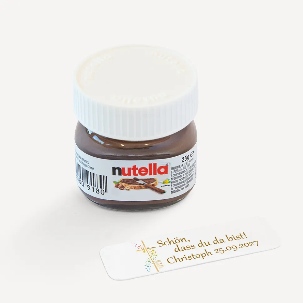 Gastgeschenk Mini Nutella Glas mit Aufkleber "Kreuz mit Symbolen"