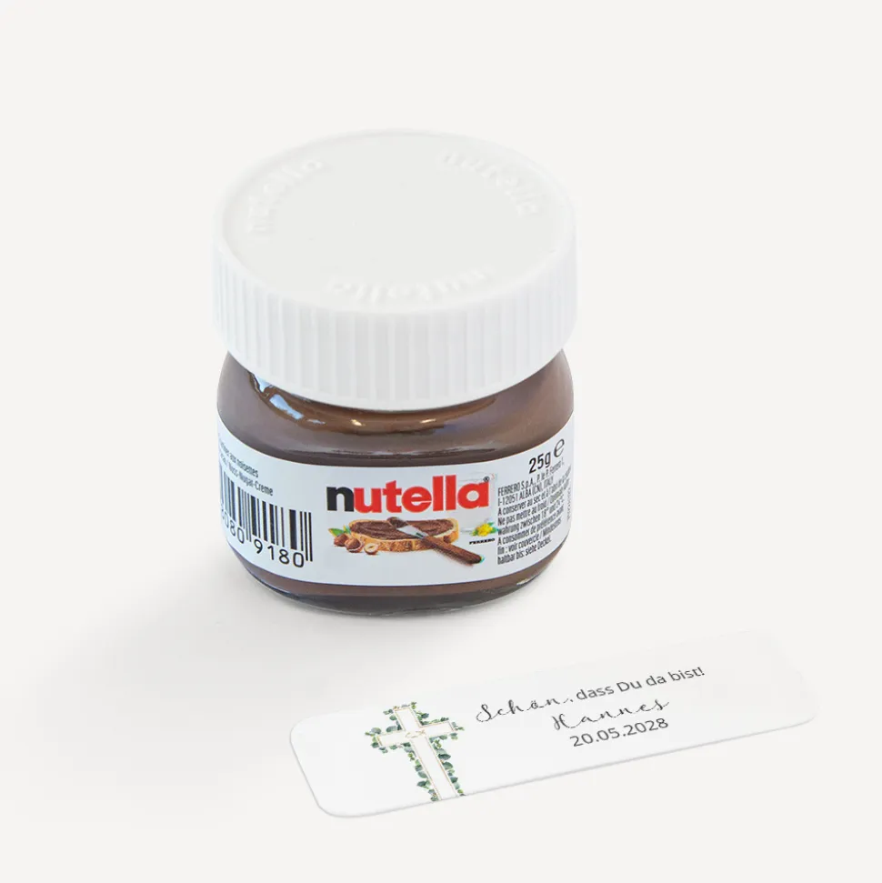 Gastgeschenk Mini Nutella Glas mit Aufkleber "Eukalyptus Kreuz"