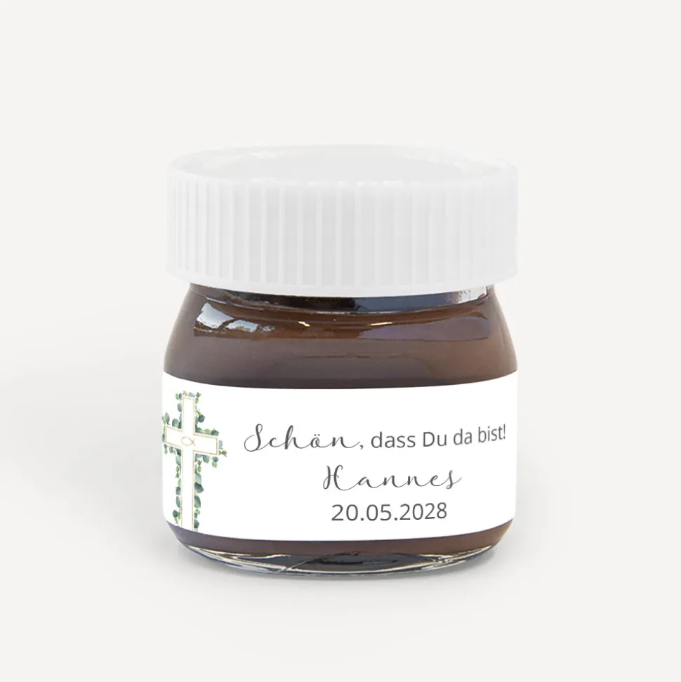 Gastgeschenk Mini Nutella Glas mit Aufkleber "Eukalyptus Kreuz"