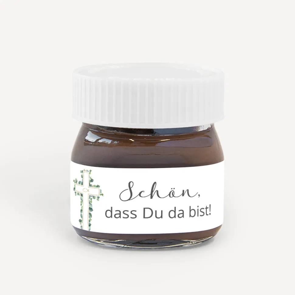 Gastgeschenk Mini Nutella Glas mit Aufkleber "Eukalyptus Kreuz"