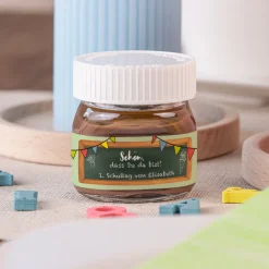 Gastgeschenk Mini Nutella Glas mit Aufkleber "Hurra Schulkind"