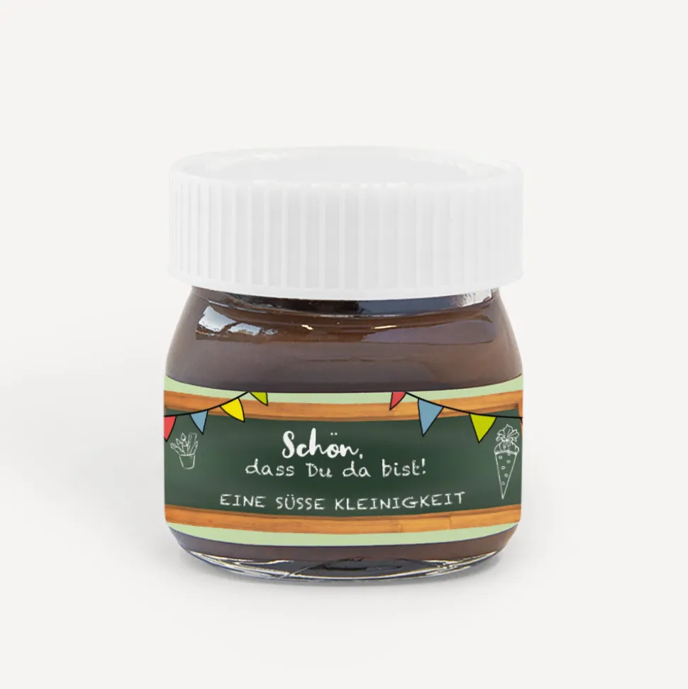 Gastgeschenk Mini Nutella Glas mit Aufkleber "Hurra Schulkind"