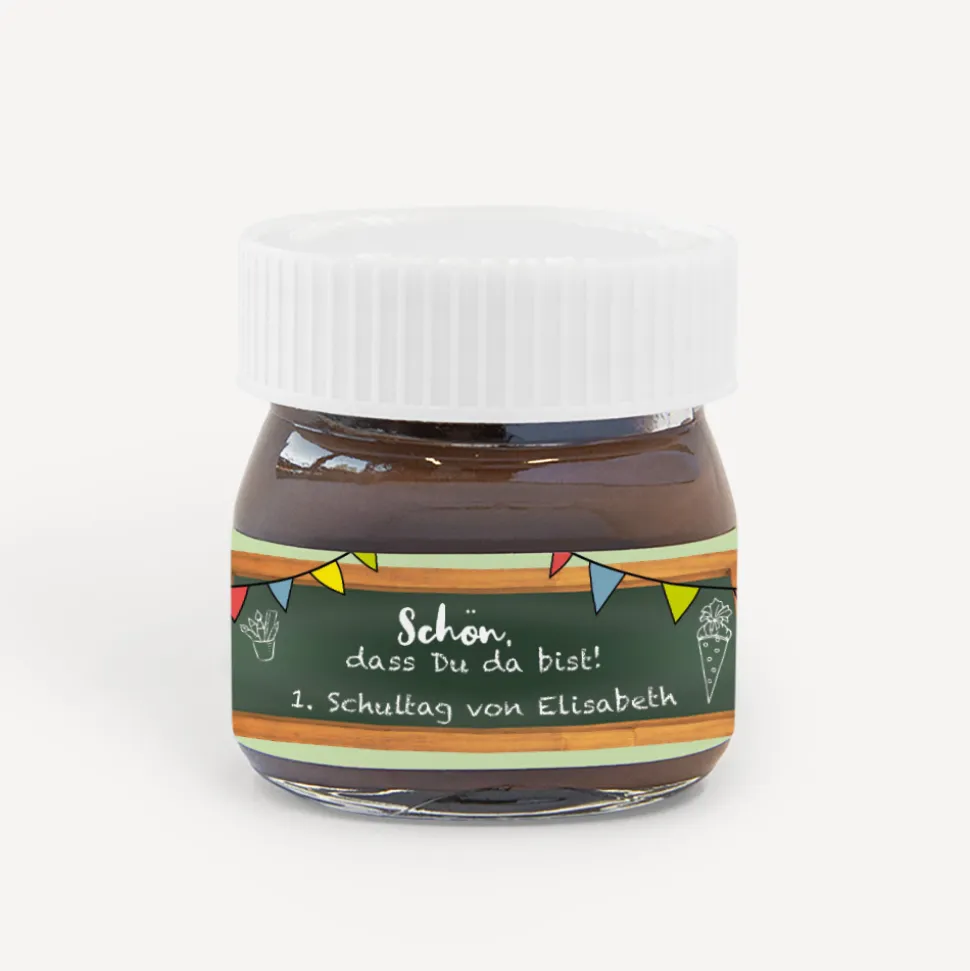 Gastgeschenk Mini Nutella Glas mit Aufkleber "Hurra Schulkind"