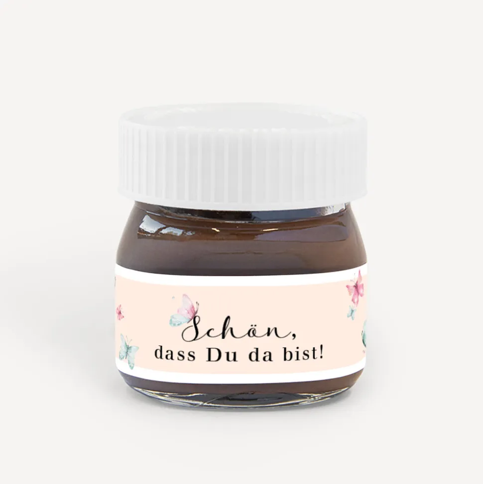 Gastgeschenk Mini Nutella Glas mit Aufkleber "Schmetterlinge"