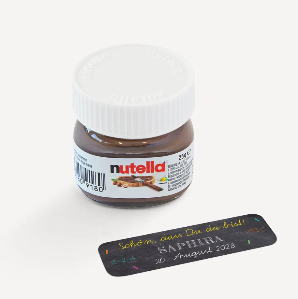 Gastgeschenk Mini Nutella Glas mit Aufkleber "Schulfreuden"