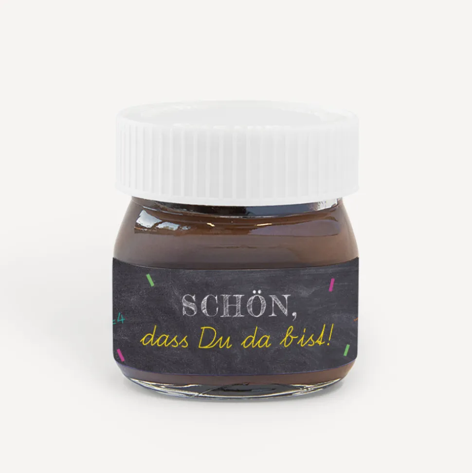 Gastgeschenk Mini Nutella Glas mit Aufkleber "Schulfreuden"