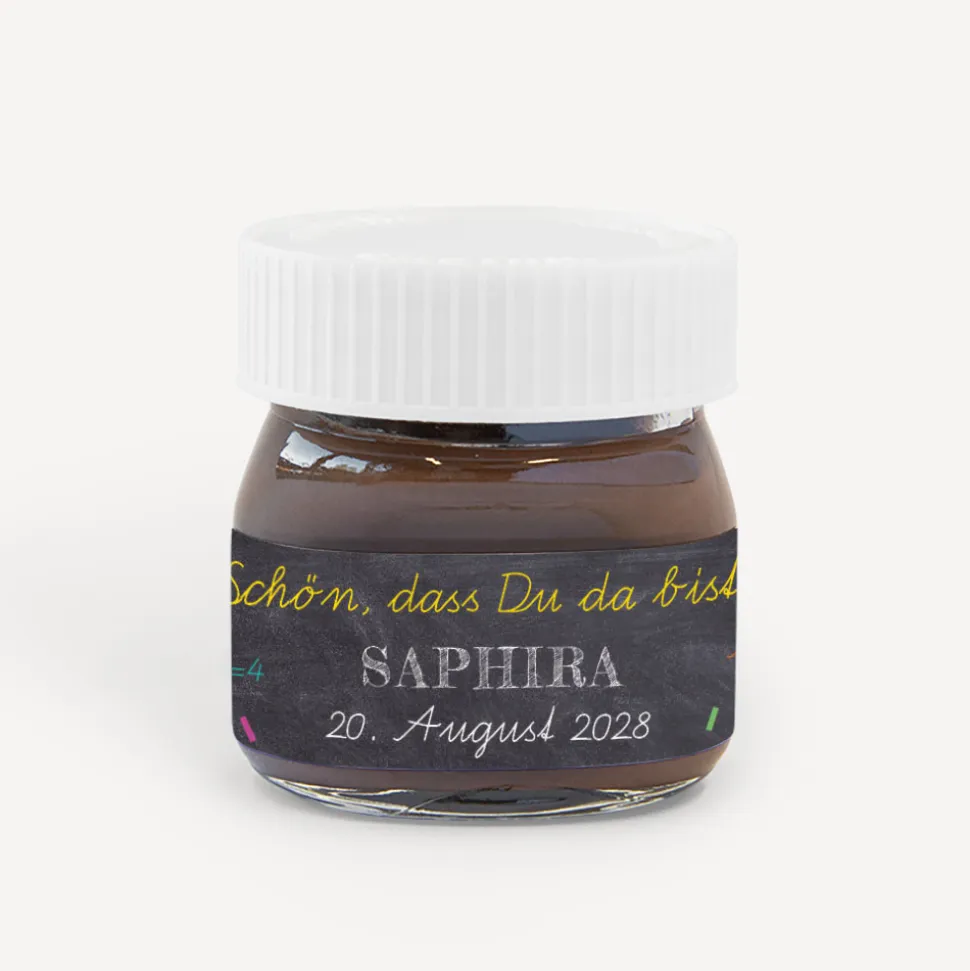 Gastgeschenk Mini Nutella Glas mit Aufkleber "Schulfreuden"