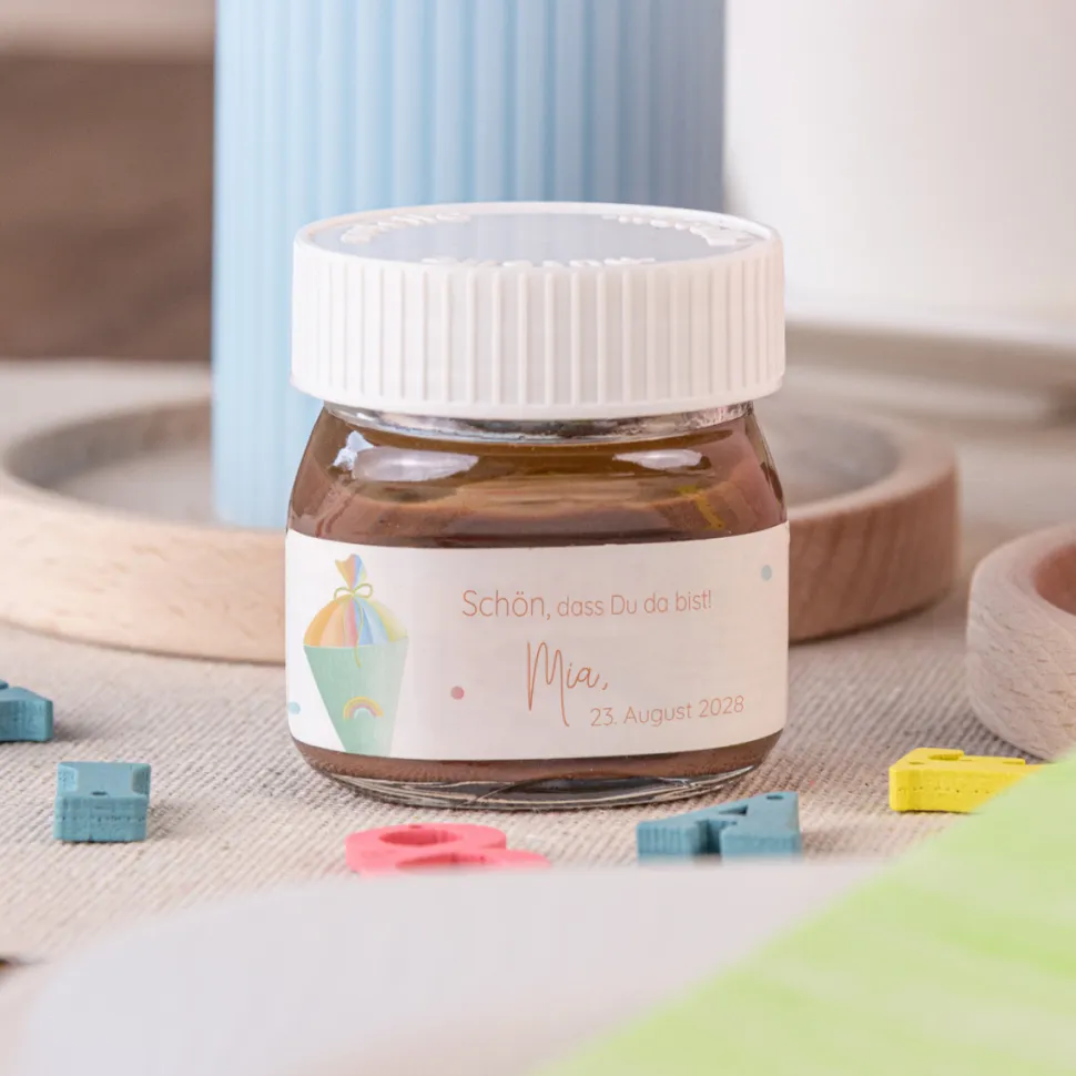 Gastgeschenk Mini Nutella Glas mit Aufkleber "Zuckertüte modern"