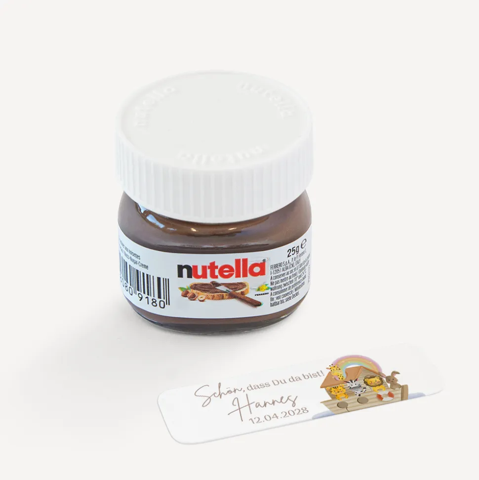 Gastgeschenk Mini Nutella Glas mit Aufkleber "Arche Noah Regenbogen Pastell"