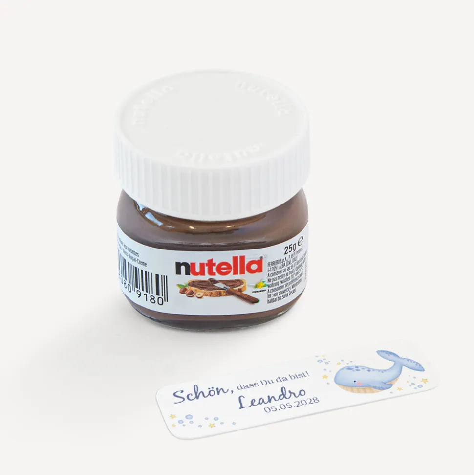 Gastgeschenk Mini Nutella Glas mit Aufkleber "Wal Willy"