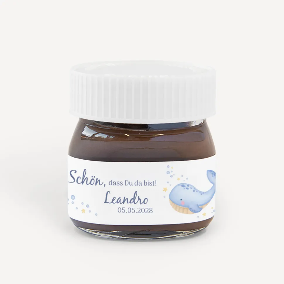 Gastgeschenk Mini Nutella Glas mit Aufkleber "Wal Willy"