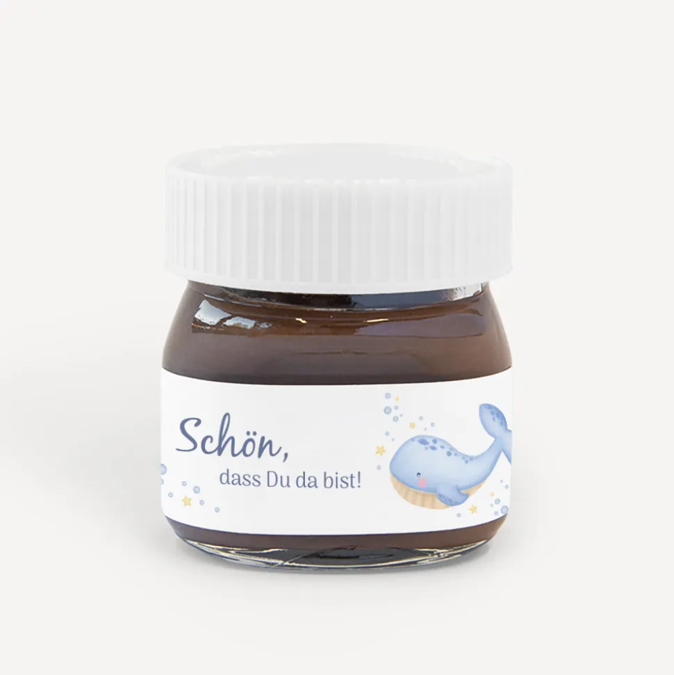 Gastgeschenk Mini Nutella Glas mit Aufkleber "Wal Willy"