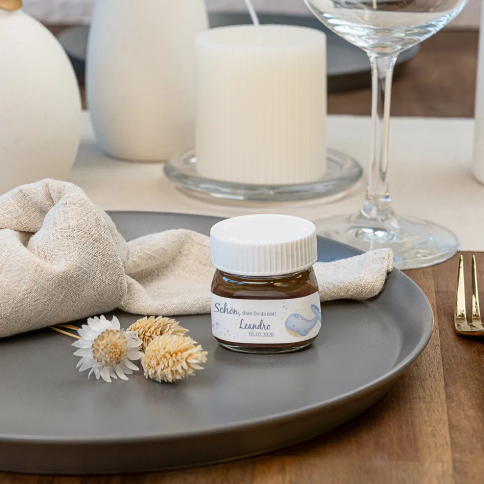 Gastgeschenk Mini Nutella Glas mit Aufkleber "Wal Willy"