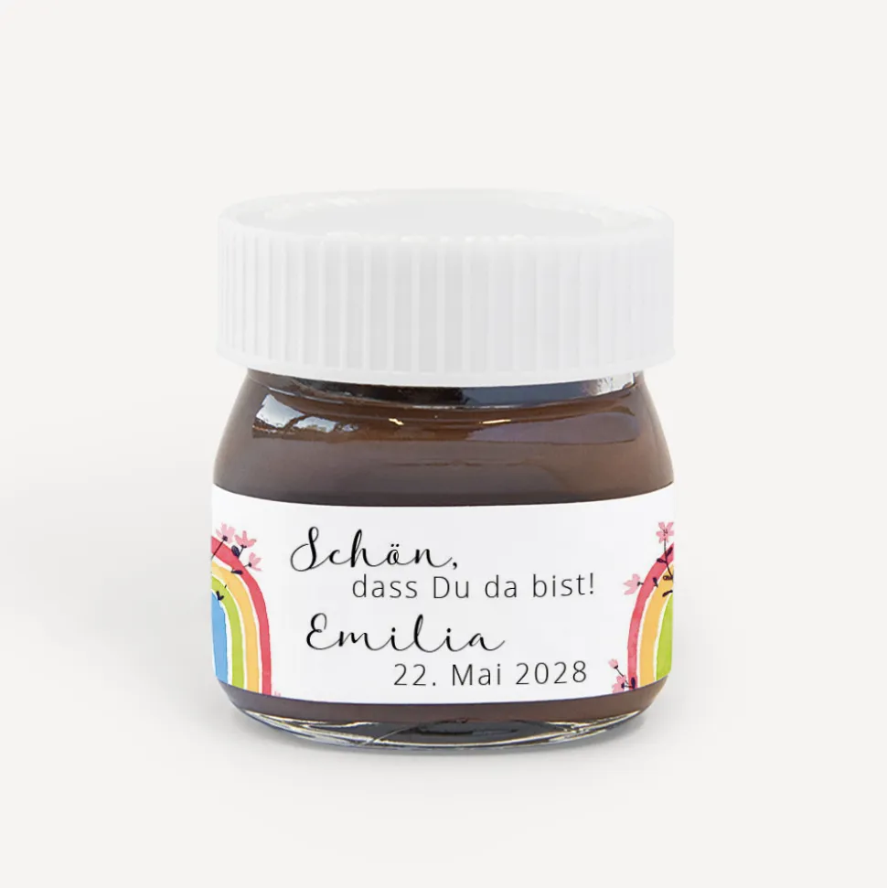 Gastgeschenk Mini Nutella Glas mit Aufkleber "Regenbogen Vintage"